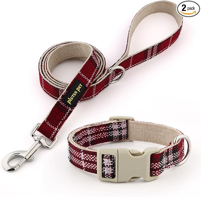 Plutus Pet Cotton Hemp Dog Collar and Leash Set, Adjustable Collar for Small, Medium, and Large Dogs, Heavy Duty and Soft on Skin, Red Plaid, XS