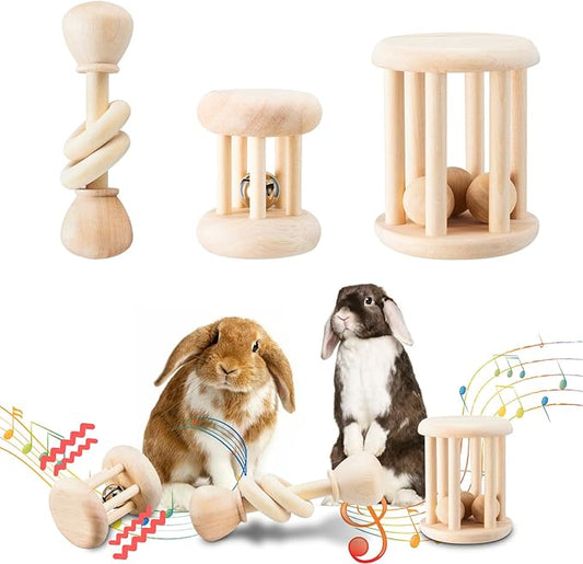 AOWPFVV 3 Pcs Wooden Bunny Toys - Safe Rabbit & Guinea Pigs Teeth Grinding Toys for Chinchillas, Hamsters & Small Animals - Indoor & Outdoor