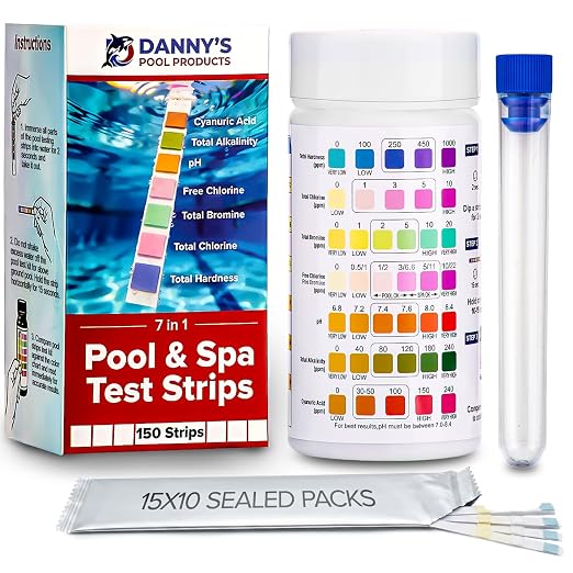 150 Pool Test Strips for Inground Pool // 7-in-1 Pool Water Test Strips | Full Pool Chemical Test Kit: Chlorine, pH Strips & 5 More // Pool Strips Ideal for Above Ground Pool, Hot Tub & Spa