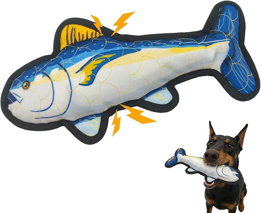12.8" Recycled Canvas Tuna Squeaky Dog Toy, Durable Stuffed Fish Chew Toy for Puppy Teething, Interactive Play for Small Medium Large Dogs, Blue