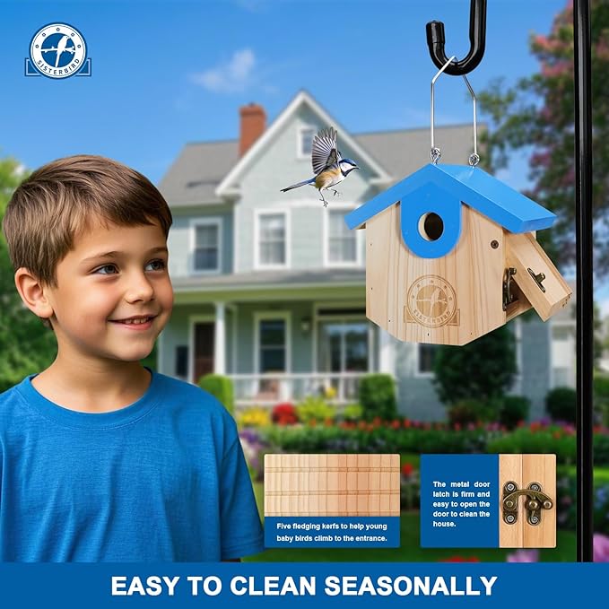 SISTERBIRD Wren Bird Houses for Outside Cedar Hanging Birdhouses for Outdoors 1-1/8" Entrance Hole Bird Houses for Outside Clearance Wooden Nesting Box Chickadee Predator Guard, Blue