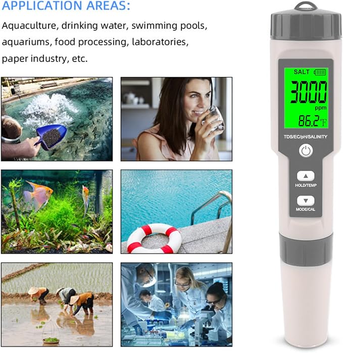 Pool Salt Tester - Multifunctional 5 in 1 Salinity, PH, TDS, EC, and Temperature Meter, Pool Salinity Testing Kit, Digital Salinity Tester for Swimming Pool,Saltwater, Sea Water, Aquarium