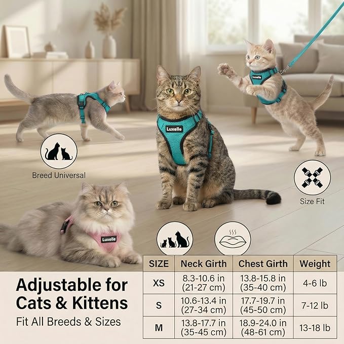 Luxelle 2 Pack Escape-Proof Cat Harness and Leash Set for Walking – Adjustable No Pull Soft Vest with Easy-Wear Buckle, Reflective Straps, Breathable Mesh – Outdoor Travel Harness for Cats & Kittens