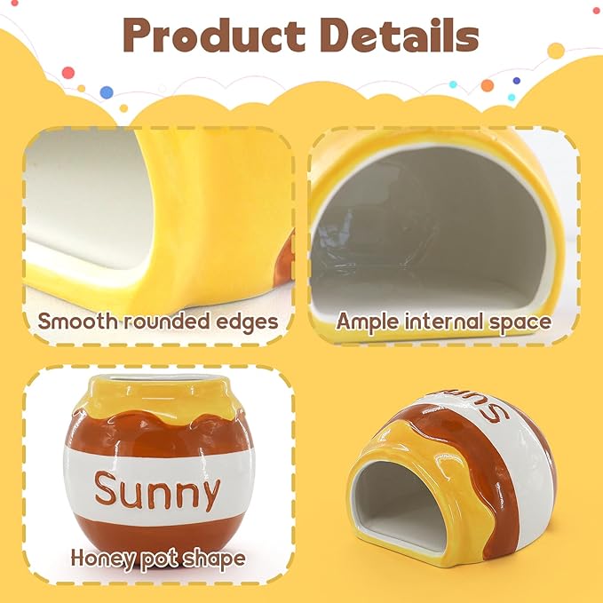WishLotus Ceramic Hamster Hideout, Cute Honey Jar Shaped Hamster House, Large-Opening Small Animal Hideout, Small Animal Hideout Habitat Decor for Dwarf Hamsters Gerbils Chinchilla (Yellow-Brown)