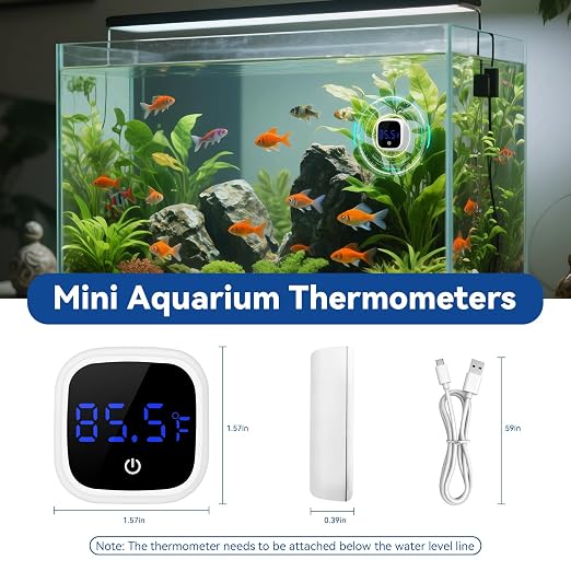 Rechargeable Digital Aquarium Water Thermometer with HD LED Screen, Display ±1℉, Fish Tank Decoration Accessories for Betta Axolotl Shrimp Turtle Reptile & Aquatic