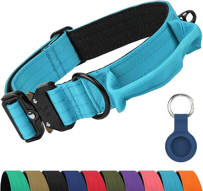 Joytale Tactical Dog Collar for Large Dogs with Control Handle, Heavy Duty Military Training Collar for Power Breeds, AirTag Holder Case, Quick Release Metal Buckle, Soft Padded, L, Sky Blue