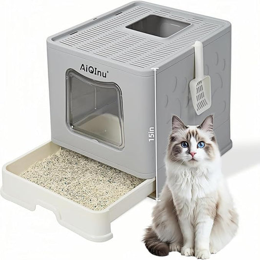 AiQinu XLarge 80L Foldable Cat Litter Box with Lid, Top Exit & Front Entry Kitty Litter Box, Includes Litter Mat & Scoop, Odor Control Anti-Leakage, Easy Clean Large Cat Toilet (Gray)