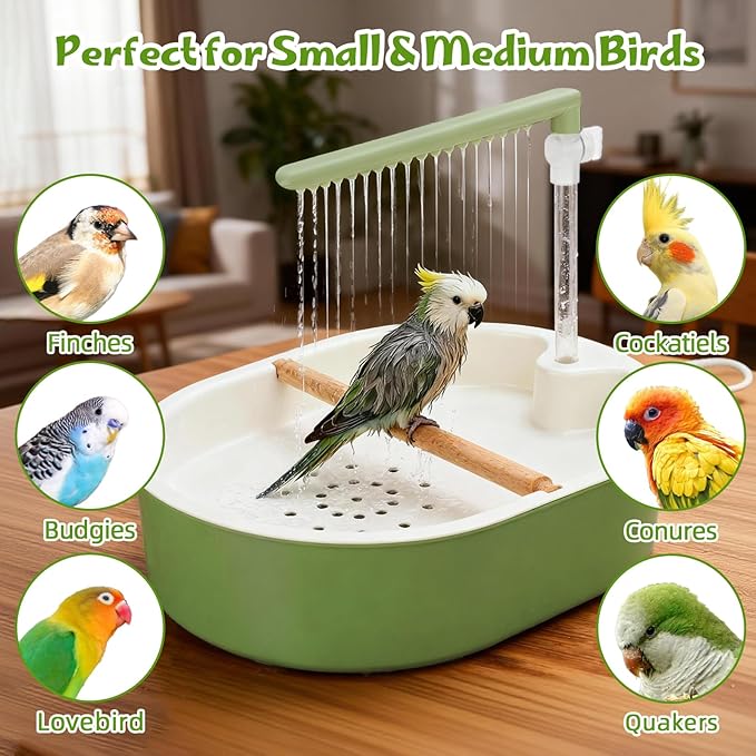 Parrot Shower for Cage, Automatic Parakeet Bird Bath with Circulating Water, USB Charging Quiet Pump Detachable Bathtub, for Small & Medium Birds Budgie, Cockatiel, Lovebird, Conure, Parrotlet, Quaker