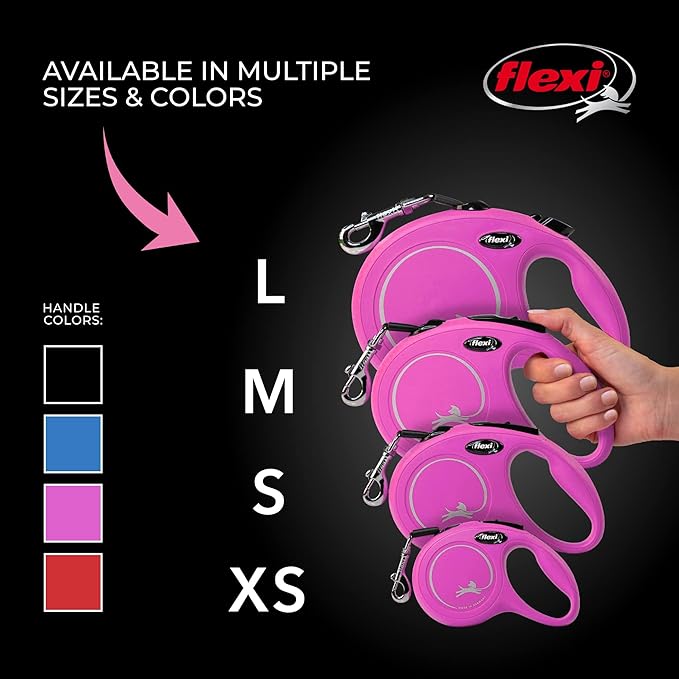 FLEXI New Classic Tape Retractable Dog Leash for Medium Dogs Upto 55 lbs. – 16 ft., Pink | Tangle Free Pet Walking Leash with One-Handed Brake, Pause, Lock | German Quality Product
