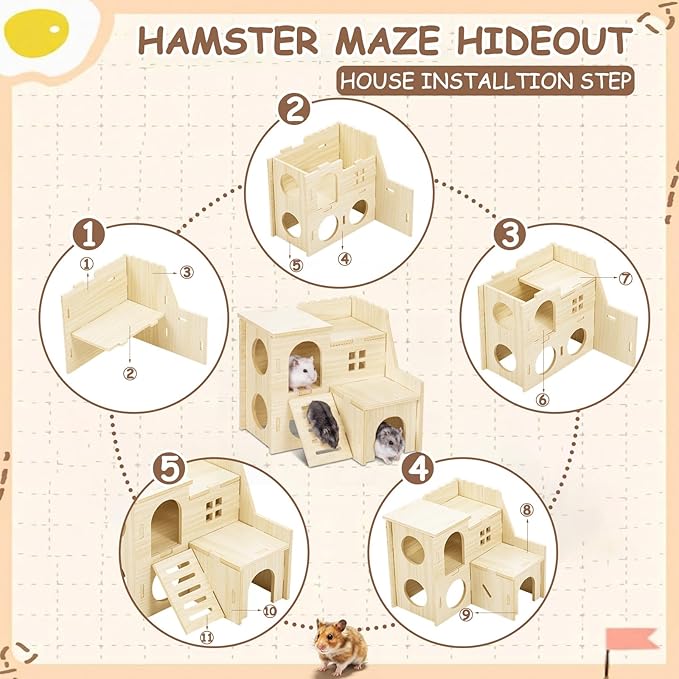 BreezeHug 4 Pcs Hamster Platform Hideout Wooden Tunnel Ladder Playhouse Hamster Game Climbing Toy with Platform Cage Accessories for Pets Dwarf Syrian Mice Degus Gerbils Squirrel(Spy Villa)
