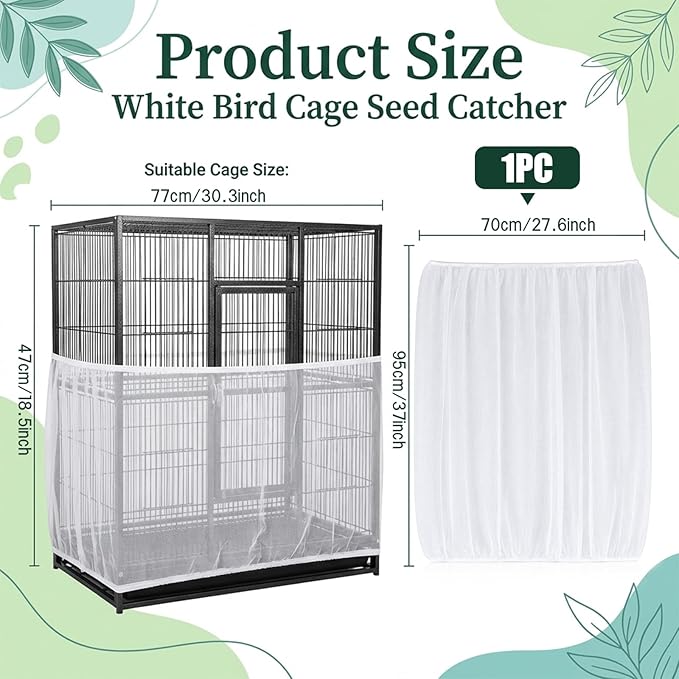 White Bird Cage Seed Catcher, Universal Bird Cage Seed Catcher Adjustable Soft Airy Nylon Mesh Net Lightweight Mesh Skirt for Parrot Cages Stops Scatter Round Square Cages