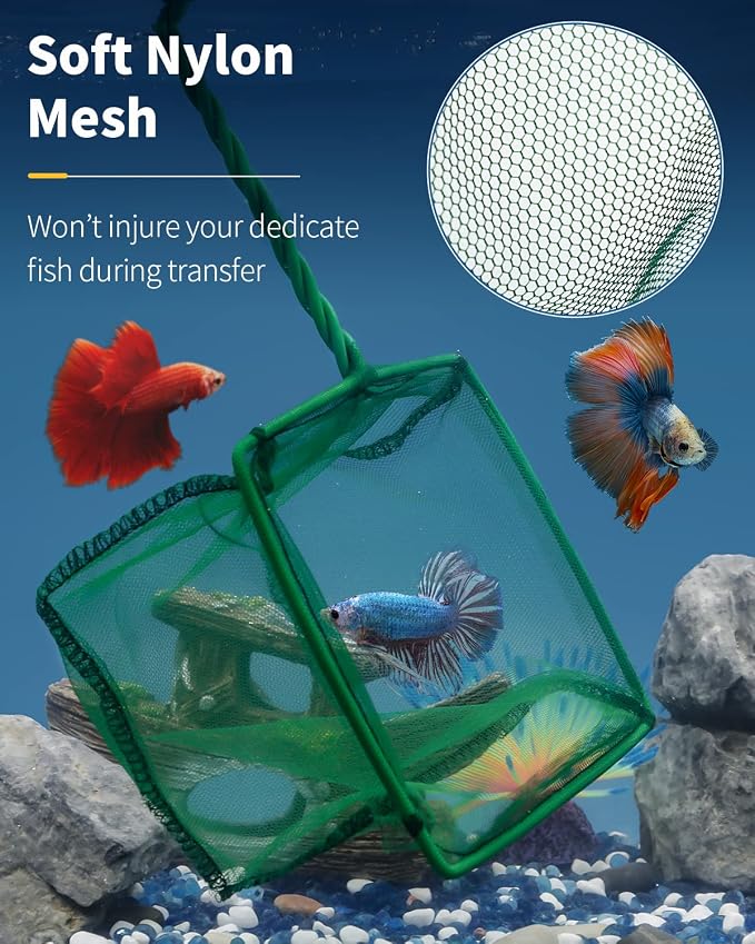 Pawfly Aquarium Fish Net with Braided Metal Handle Square Net with Soft Fine Mesh Sludge Food Residue Wastes Skimming Cleaning Net for Fish Tanks Small Koi Ponds and Pools