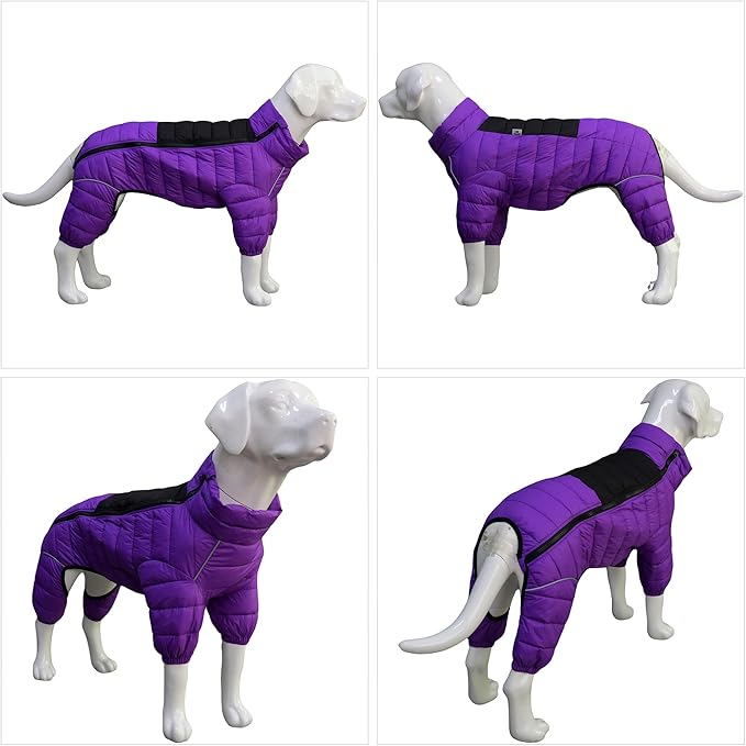 Dog Warm Jacket, 4 Legs Covered Waterproof Windproof Reflective Warm Vest, Zippered Adjustable Outdoor Snow Jacket for Small to XXL Dogs, Purple