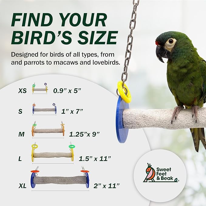 Sweet Feet and Beak Roll Bird Swing - Pumice Perch Bird Toys Trims Nails and Beaks, Safe Bird Cage Accessories for Small and Large Birds, Swinging Toys Birds Will Love, Large 10.5 Inches - Yellow
