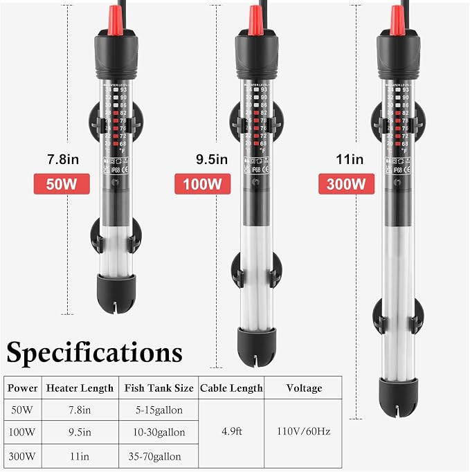Aquarium Heater 50W 100W 300W, Submersible Glass Fish Tank Heater for Fresh and Salt Water (50W)