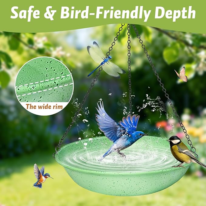 Hanging Bird Bath for Outdoors,11Inch Double Patchwork Birdbath Bowl Window Birds Feeder with 13.5 in Rust-Proof Black Chains Metal Hanging Birds Feeder for Garden Backyard Decor Green Speckled