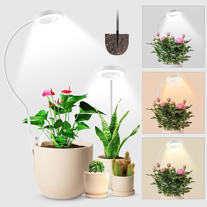 2 in 1 Grow Lights for Indoor Plants, 3 Colors Plant Lights | 48 LEDs Full Spectrum Plant Grow Lights Indoor with 360° Gooseneck, 6/12/16H Timer, 5 Brightness, White 2 Pack