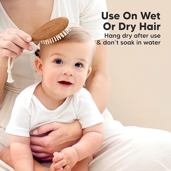 Baby Hair Brush Set for Newborns - Soft Goat Bristle Wooden Baby Brush and Comb Set Newborn Grooming Kit for Cradle Cap, Durable & Gentle, Boy, Girl Infant Essentials Care Kit (Regular, Dark Walnut)