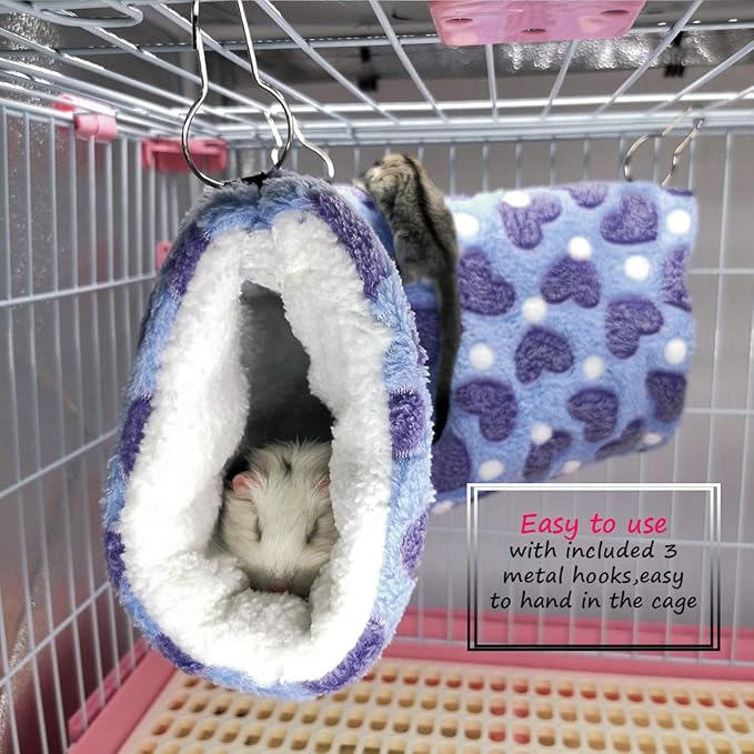 LEFTSTARER Hanging Tunnel for Small Animals Guinea Pig Accessories Sugar Glider Cage Accessories Hamster Rat Toys Ferret Hammock（Heart-Purple）