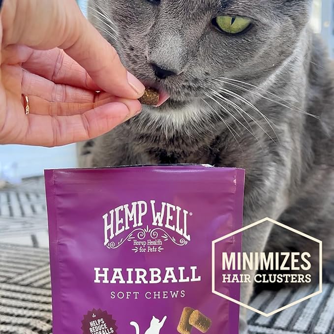 Hemp Well Cat Hairball Soft Chews for Cats, Hairball Control & Digestive Support, Organic Hemp Seed Powder, Pumpkin Seed & Psyllium Fiber, Skin & Coat Support, Chicken Cheese & Catnip Flavor, 120 Ct
