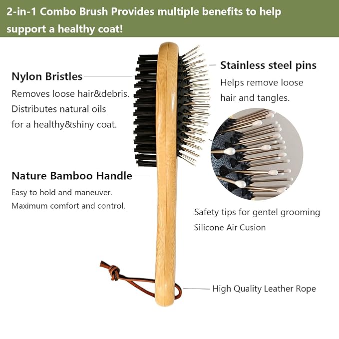 Double Sided Pet Slicker Brush with Bamboo Handle for Dogs and Cats, Grooming Comb for Shedding, Tangles, and Dead Undercoat