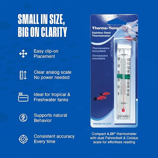 Penn-Plax Therma-Temp Stainless Steel Thermometer - Accurate Aquarium Thermometer - Easy to Read - Dual Scale for Freshwater and Saltwater Tanks - Rust-Resistant Clip-On Design - 4.25 Inches