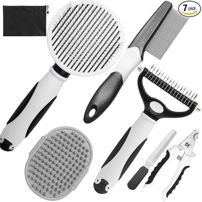 Dog Brush for Shedding, 7 PCS Dog Grooming Brush Kit, Undercoat Rake, Slicker Brush, Deshedding Comb, Bath Brush, Nail Clipper for Long & Short Haired Dogs & Cats, Black
