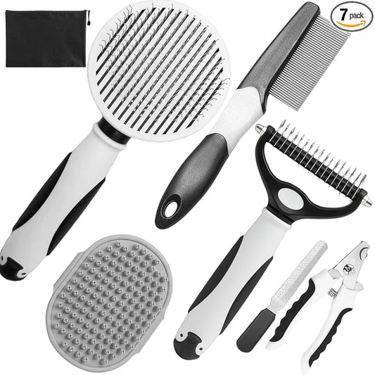 Dog Brush for Shedding, 7 PCS Dog Grooming Brush Kit, Undercoat Rake, Slicker Brush, Deshedding Comb, Bath Brush, Nail Clipper for Long & Short Haired Dogs & Cats, Black