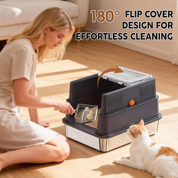 Stainless Steel Litter Box with Lid: Enclosed Cat Litter Box for Small Cats & Kitten, Metal Kitty Litter Pan with High Sided Enclosure, Include Scoop & Mat, Odor Control, Anti-Leakage