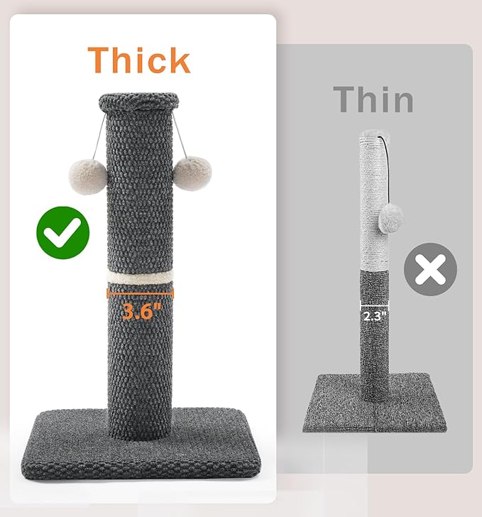 Made4Pets Tall Cat Scratching Post, 23.6" Modern Cat Scratcher with Hanging Balls, Heavy Duty and Thicker Scratching Post for Indoor Cats Adults, Sturdy Base Cat Scratch Post, Dark Grey