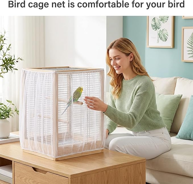 White Bird Cage Seed Catcher, Universal Bird Cage Seed Catcher Adjustable Soft Airy Nylon Mesh Net Lightweight Mesh Skirt for Parrot Cages Stops Scatter Round Square Cages