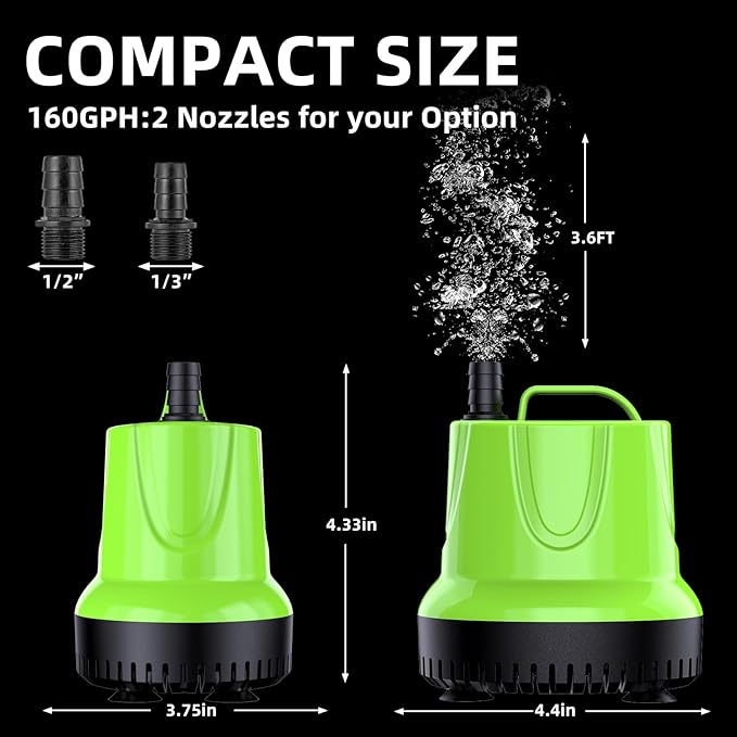 FREESEA Fountain Submersible Water Pump: 160 GPH 12W Small Sump Pump for Outdoor Pond Hydroponic Statuary Waterfall Aquarium Fish Tank