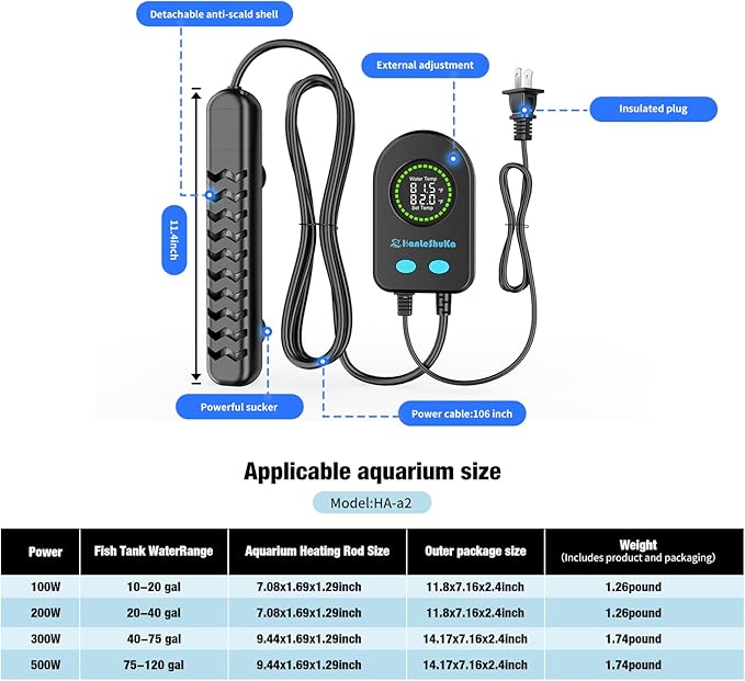 300W Submersible Fish Tank Heater for 40-70 Gallon with Auto Shut-Off When Leaving Water—Aquarium Heater, Dry-Burn & Overheat Protection, Smart LED Display for Freshwater Saltwater Turtle