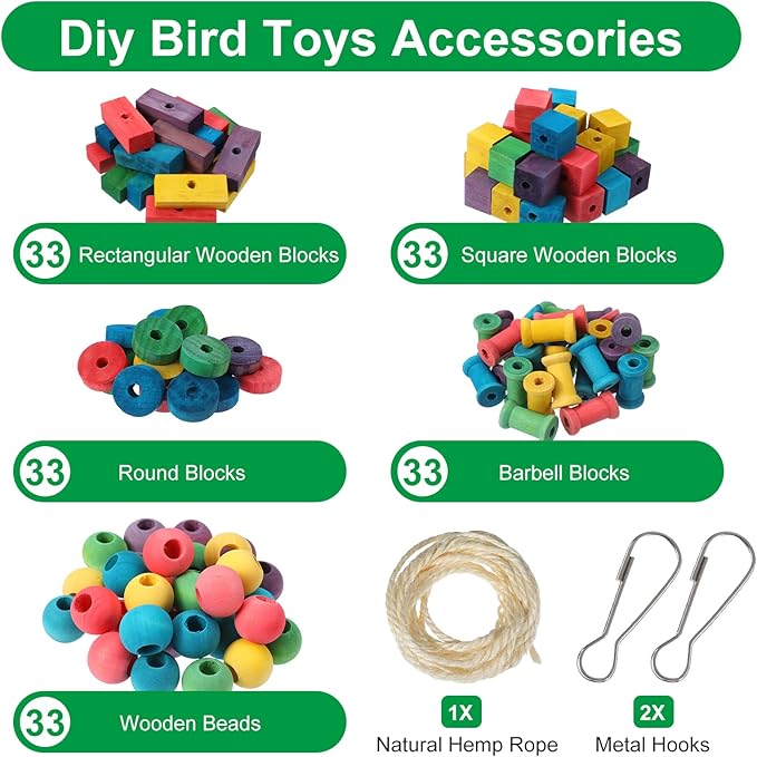 165 Pcs Parrot Toys, Bird Toys Bird Chew Toy DIY Multicolored Wooden Blocks for Large Macaws, Cockatoos, African Grey, Small and Medium Parrot
