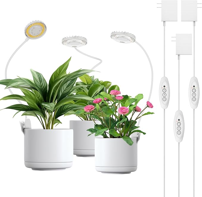 3 Pack Small Plant Lights for Indoor Plants, 12W Each Clip-On LED | 4000K Full Spectrum, Flexible Gooseneck, 3/6/12H Timer, 4 Dimmable Levels for Shelves