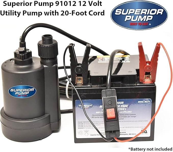 Superior Pump 91012 12 Volt Utility Pump with 20-Foot Cord, Black
