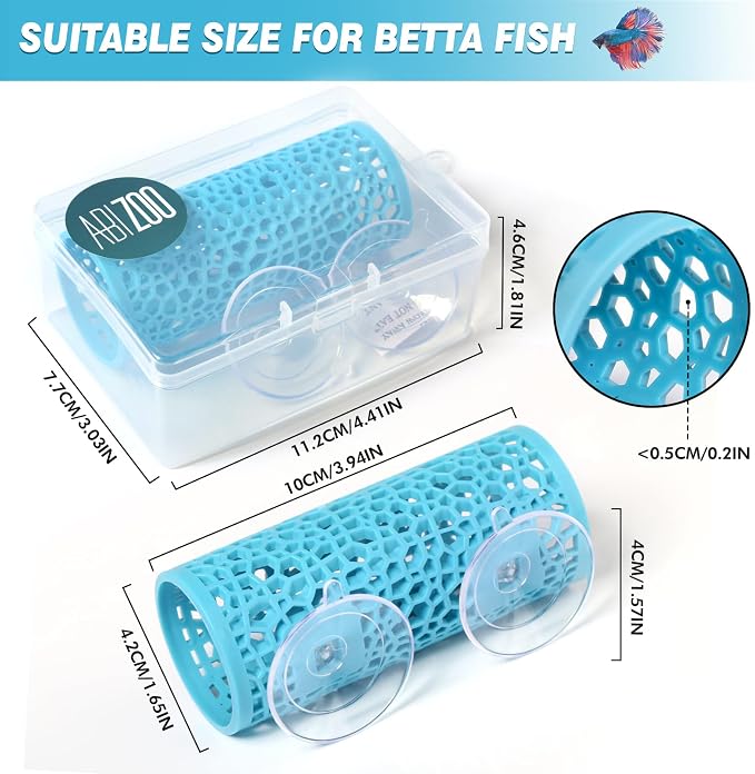 Abizoo Betta Fish Tunnel Hideout, Hollow Coral Aquarium Decor, Light Blue | Betta Hideaway Cave, Suction Cup Mount, Aquarium-Safe Material, Shelter for Shrimp Guppies Tetras Danios, Fish Tank Accessory