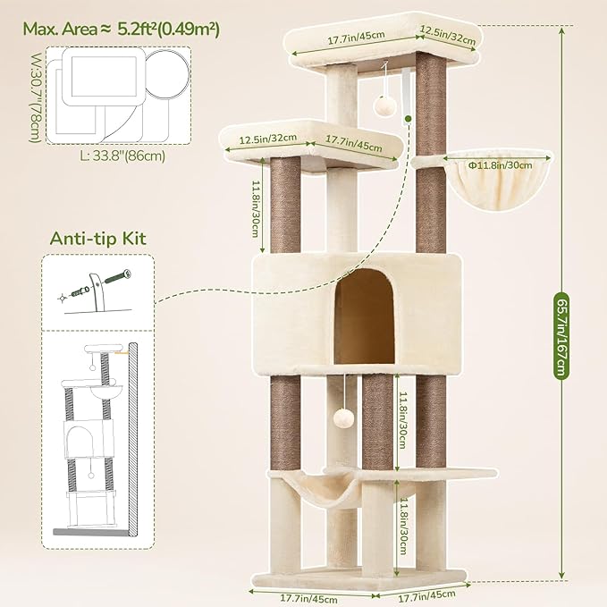 Globlazer Tall Cat Tree Tower for Large Adult Cats, Multi-Level Large 65 Inch Cat Scratching Tower with Hammock, 6 Scratching Posts, Basket and 2 Perches for Indoor Multiple Cats, F65D, Beige