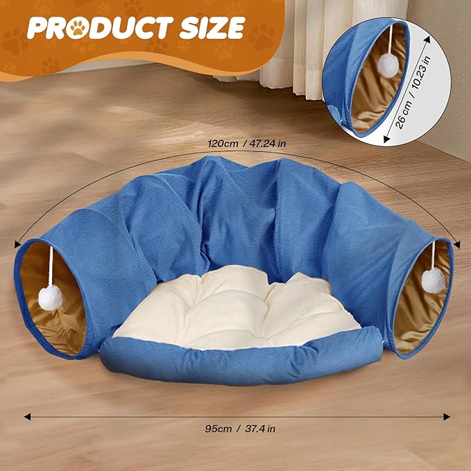 Spardar Bunny Tunnel Bed, 2-in-1 Collapsible Tunnel Tubes Toys, Washable, with Removable Mat Hideout, Interactive Toys for Rabbits Chinchilla Hedgehog Guinea Pigs Kitty, Blue