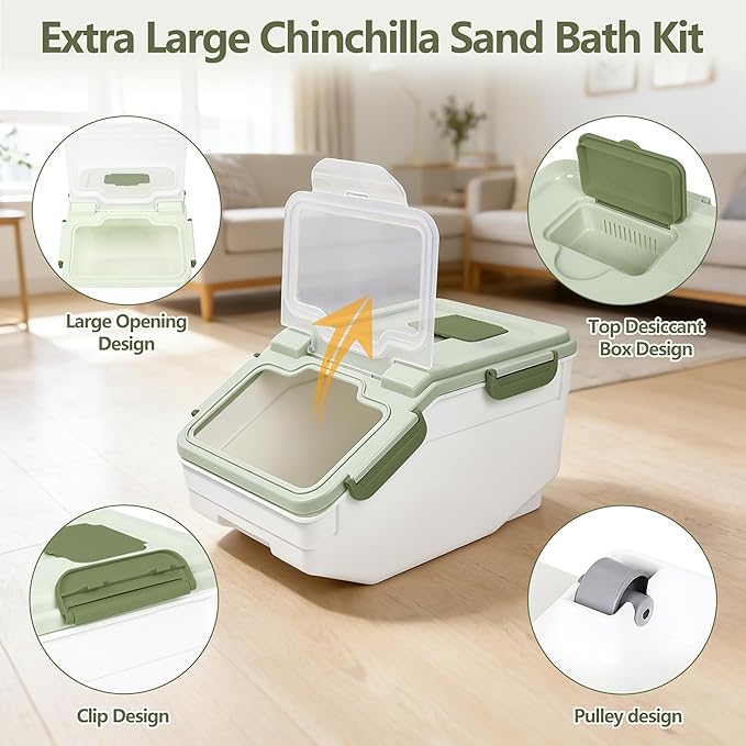 IOKHEIRA Extra Large Chinchilla Sand Bath Kit - Plastic Dust Bath House with Sand Cup & Shovel, Pet Shower Room for Hamster Hedgehog Guinea Pig Squirrel & Small Animals (Green)