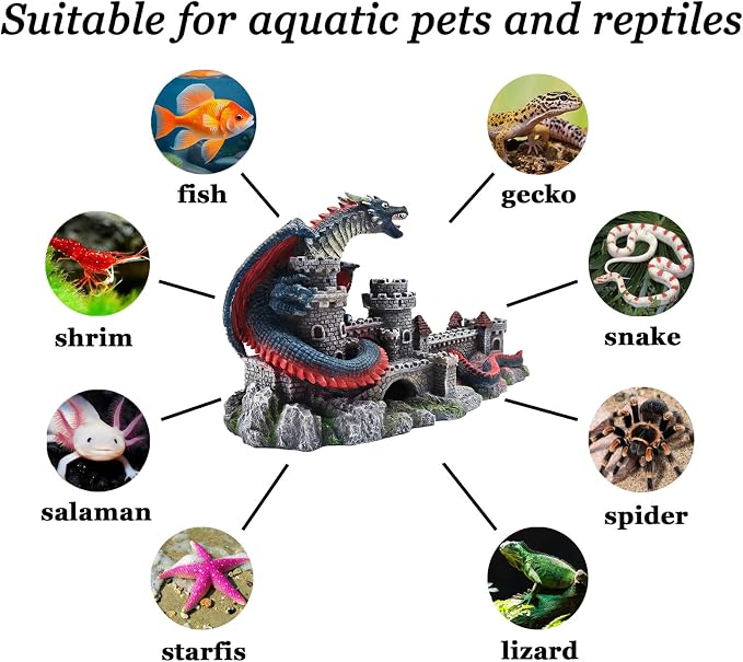 Dragon Castle Aquarium Ornament, Resin Large Fish Tank Decoration with Hiding Caves for Betta, Tropical Fish & Reptiles, Medieval Fantasy Underwater Landscape Decor-10.6 inches in Length
