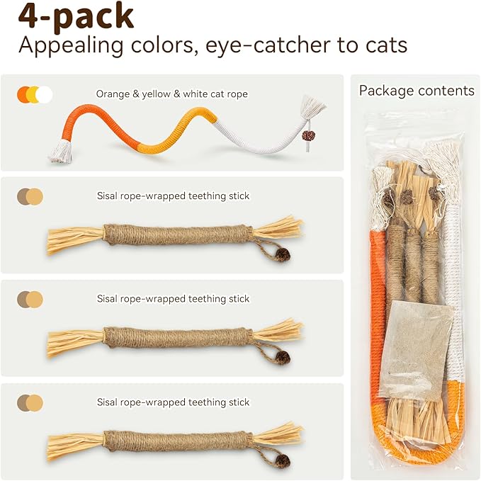 Cat Toys for Indoor Cats, 3 Pcs Silvervine Sticks & 1 Pc Cat Chew Rope for Teeth Cleaning, Interactive Dental Sticks with Catnip for Cat Enrichment, Kitten Chew Toys Teething for All Breeds Orange
