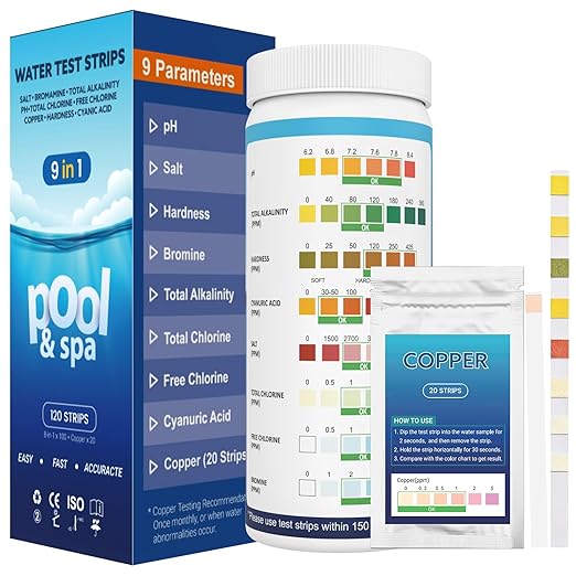 9 in 1 Pool Test Strips, 120 Total Strips, 100 8-Way Water Test Strips + 20 Copper Test Strips, Test pH, Salt, Hardness, Bromine, Alkalinity, Chlorine, Chlorine, Cyanuric Acid and Copper
