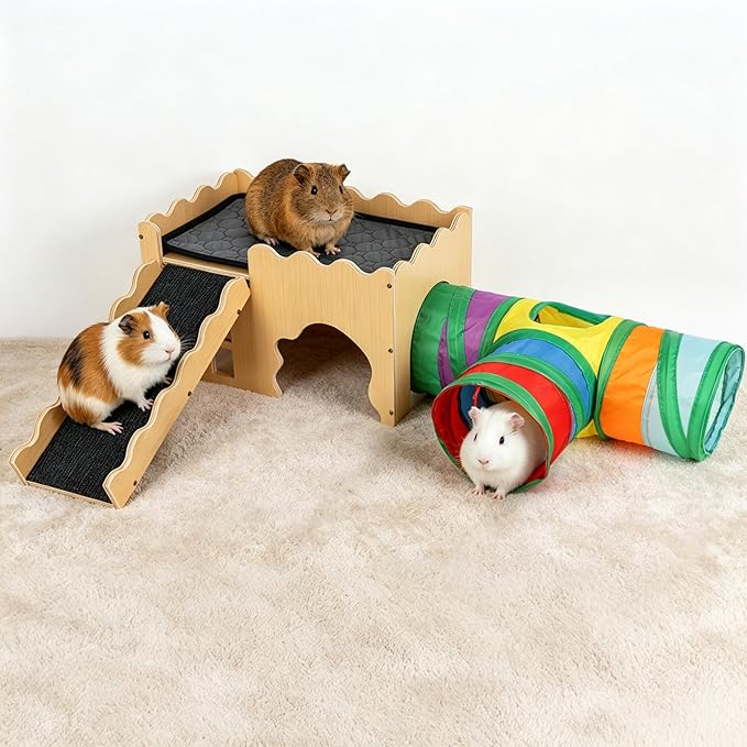 Guinea Pig Hideout Cave House - Natural Rock-Style Small Animal Hideaway for Guinea Pigs & Rabbits, Extra Large Indoor Habitat with Waterproof Liner Included, Chew Proof（Tunnel Style）