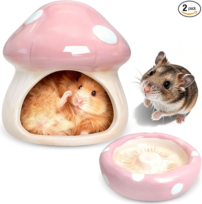 BNOSDM Ceramic Hamster Hideout and Food Bowl Set Cute Mushroom Shape Hamster House and Habitat Cool Hamsters Hide Suitable for Syrian, Mice, Dwarf Hamsters, Gerbils (Pink)