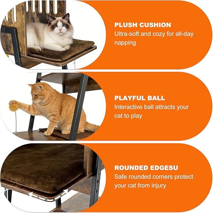 57 Inch Multi-Level Modern Cat Tree Tower with Hammock & Scratching Ramp - Wooden Heavy-Duty Cat Tower for Large Cats & Multi-Cat Households, Easy to Clean (Brown)