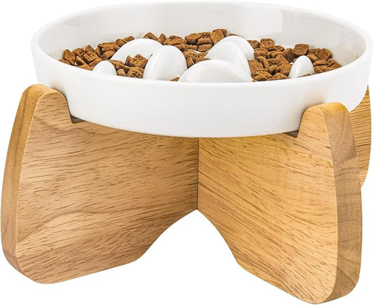 Raised Ceramic Slow Feeder Cat Bowl 6.3" Wide with Stand (1 Pack) | Anti-Gulping & Keep Fit, Dishwasher Safe, For Dry and Wet Food, For Cats and Small Dogs, Shallow Bottom Puzzle Feeder