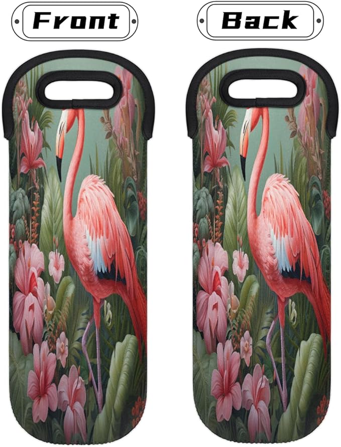 Flamingo Tropical Flowers Wine Bag Single Bottle Wine Tote Bag Neoprene Wine Carrier Bags with Carry Handle Portable Wine Bottle Holder for Travel Party Picnic