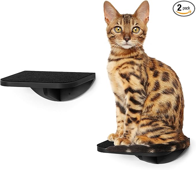 2-Piece Cat Wall Steps with Grey Felt Pads, Floating Cat Wall Perches and Climbing Steps, Wall Mounted Shelf for Small and Large Cats