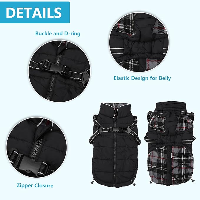 Geyecete Winter Warm Coat Geyecete Waterproof Dog Jacket with Harness Traction Belt,Pet Outdoor Jacket Dog Autumn and Winter Clothes-Black-XL